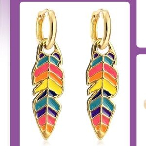 Gold and Multicolor Feather Earrings
